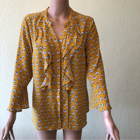 Charter Club Women’s Yellow Floral Blouse Size M 3/4 Sleeves V-Neck Raffles Top - Picture 1 of 16